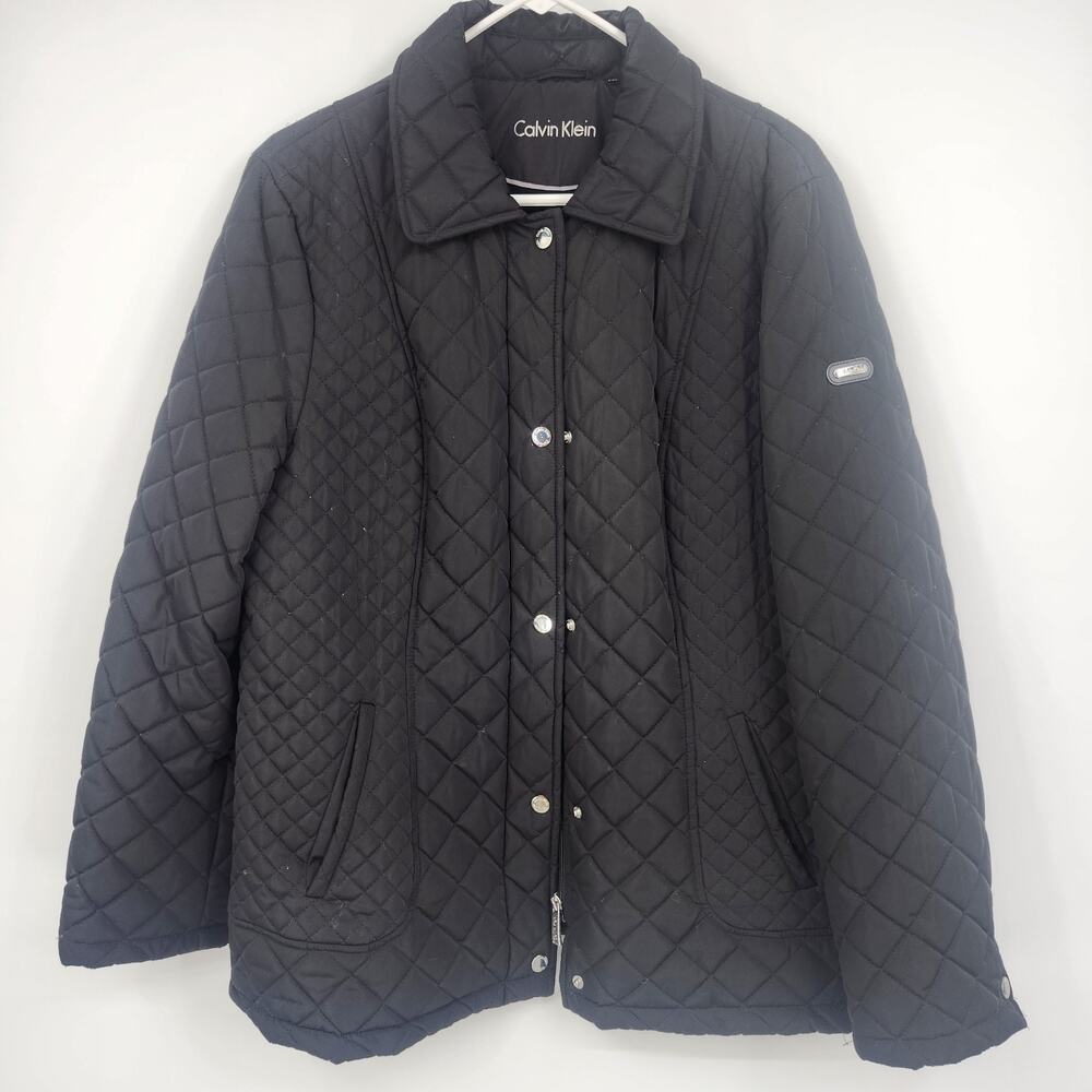 Calvin Klein Women's Quilted Jacket PXL Black Diamond Snap Front Faux Fur Lining